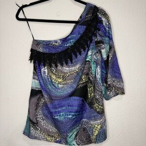 Angie One Shoulder Top Purple Abstract Print Black Fringe Women’s Size Small